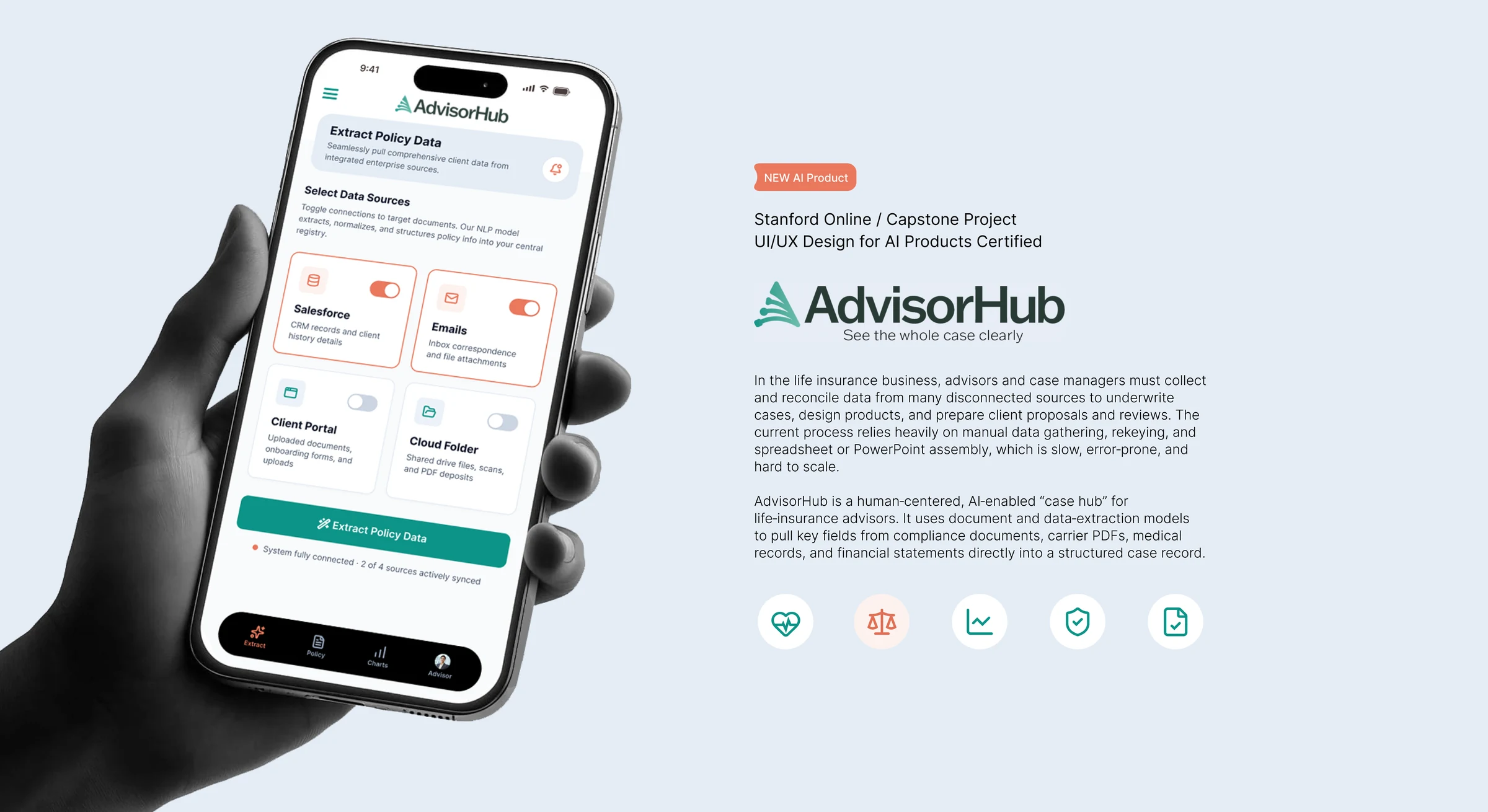 AdvisorHub AI landing page: a human-centered, AI-enabled case hub for life-insurance advisors