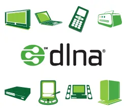 DLNA logo with connected TVs, laptop, phone, printer, set-top box, PDA, camera and speakers