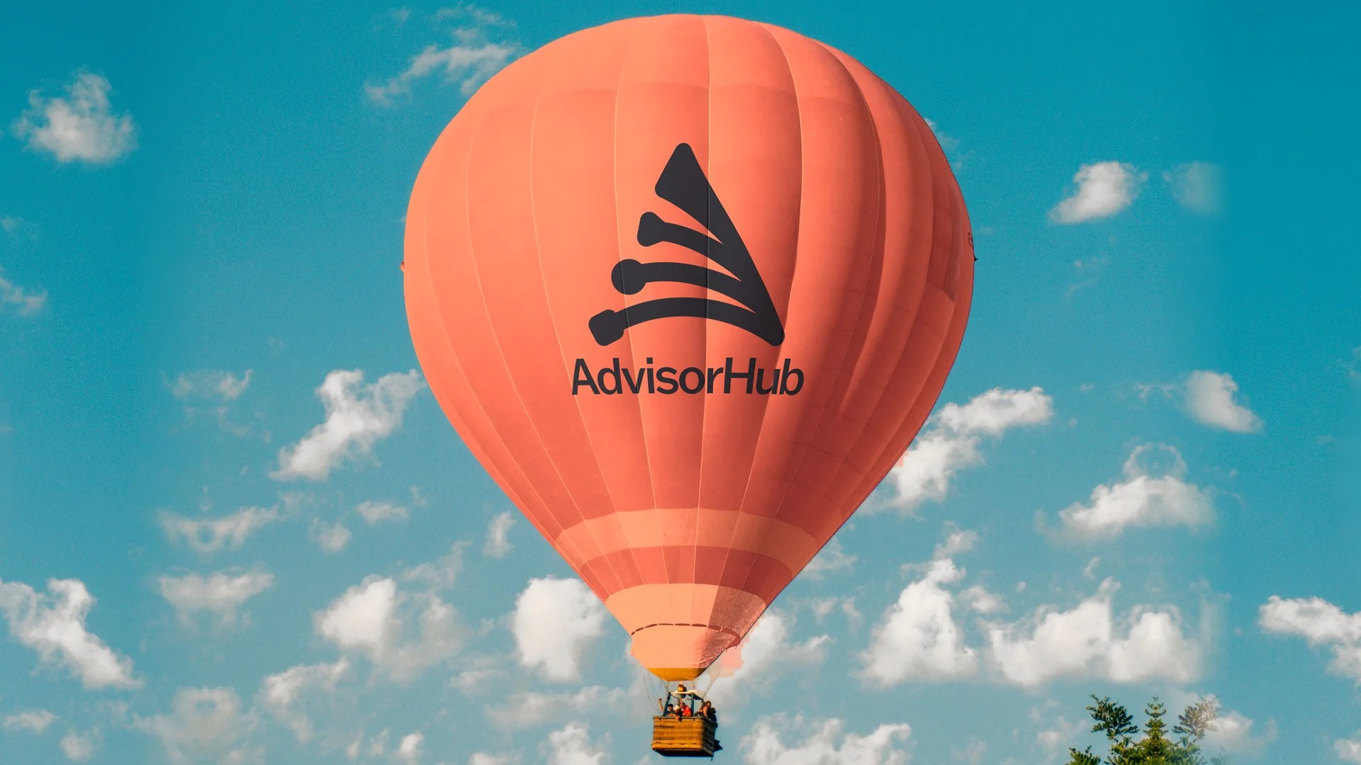 Coral hot air balloon with the stacked AdvisorHub logo