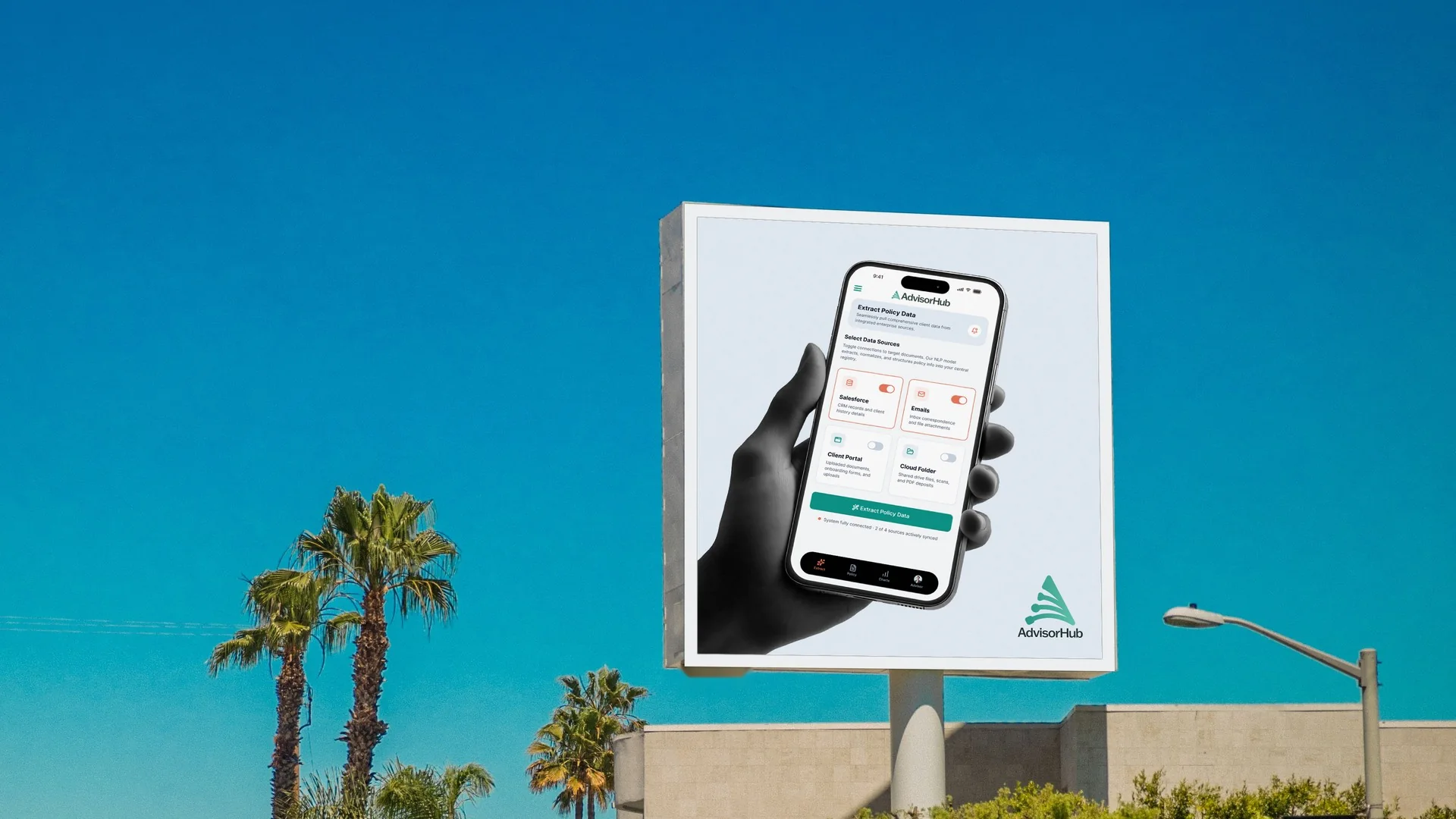 City billboard with the AdvisorHub app and logo