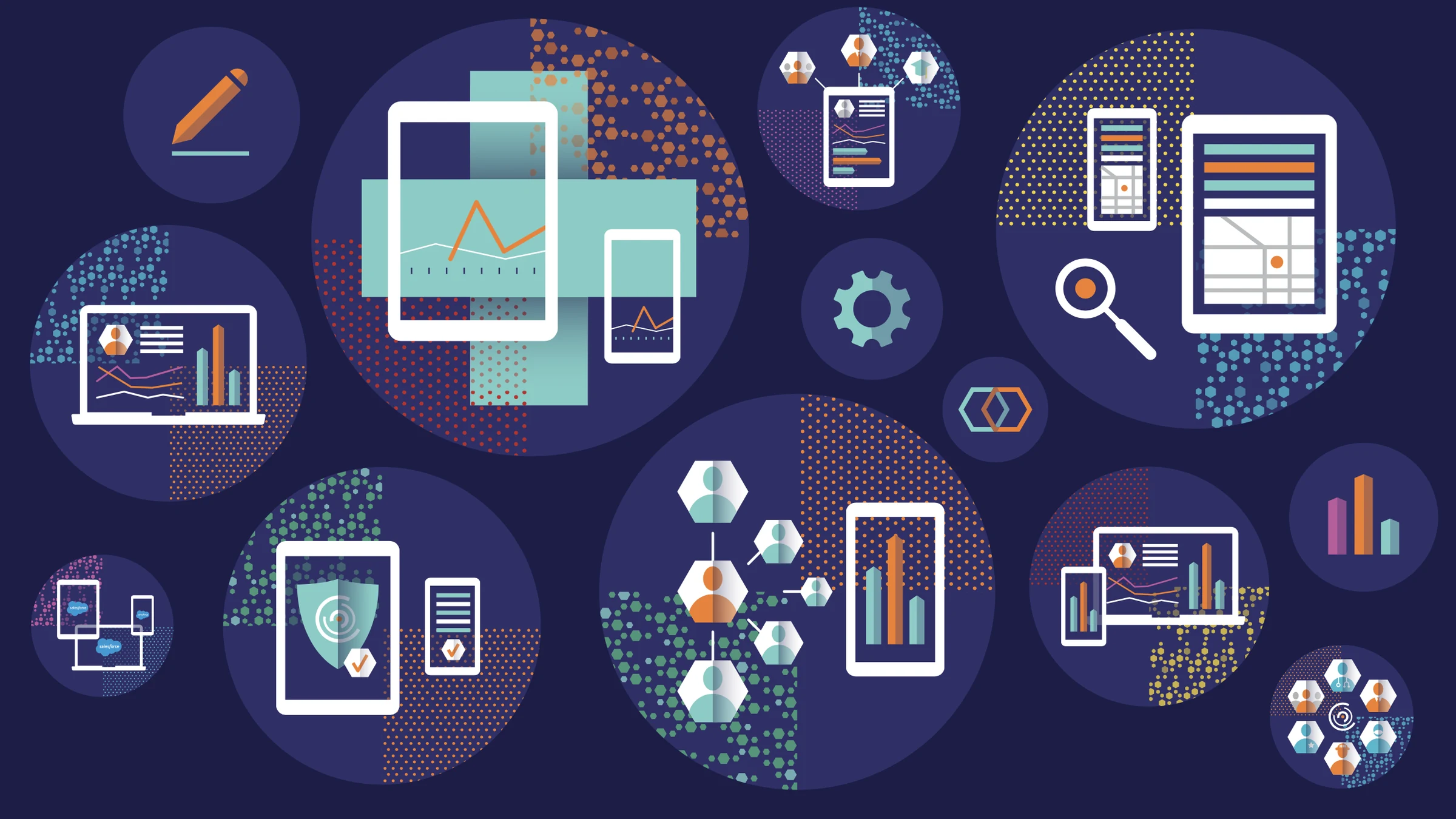 Nebula Now illustration: devices, data charts and people icons in circles