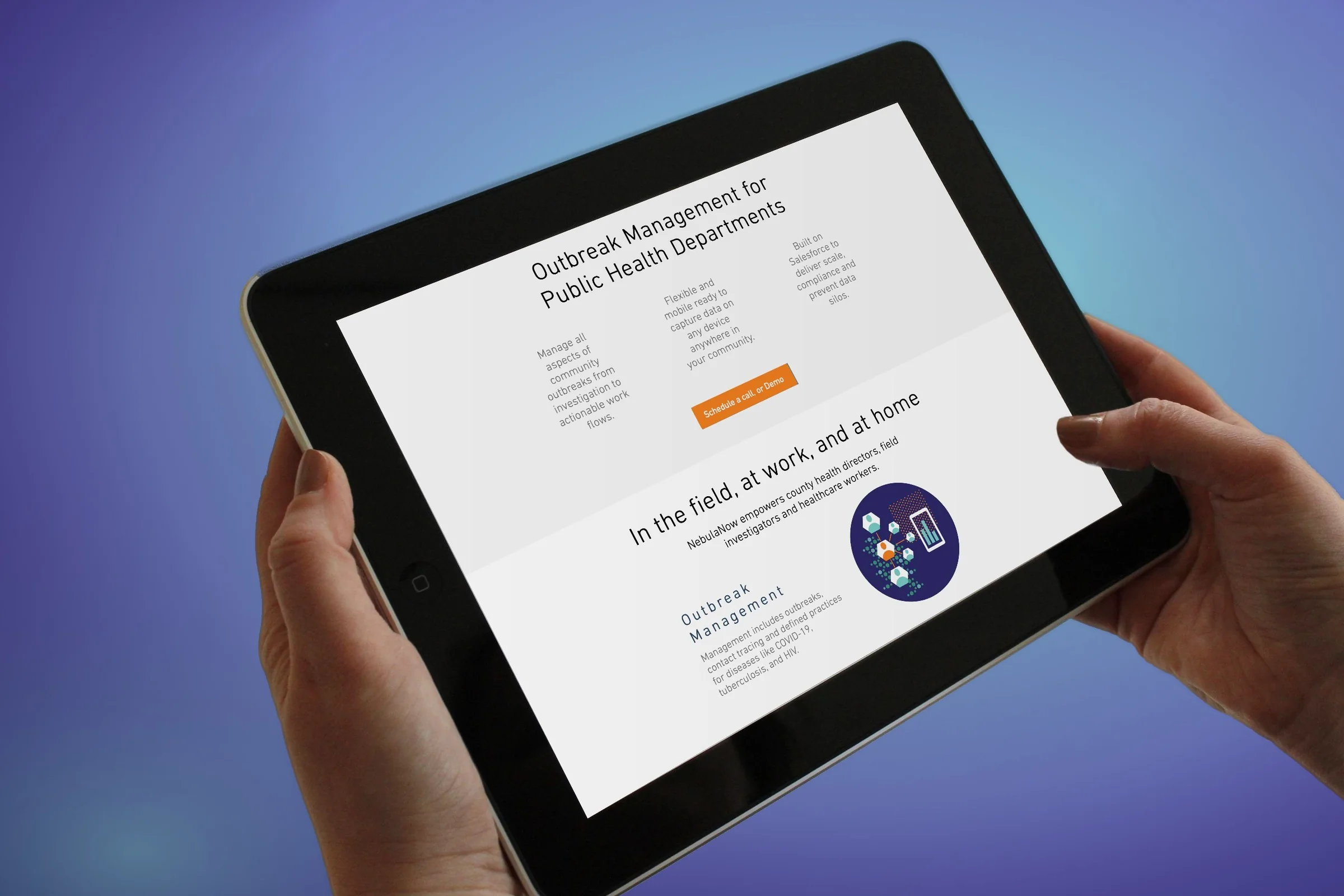 Hands holding an iPad showing the lower Nebula Now landing page