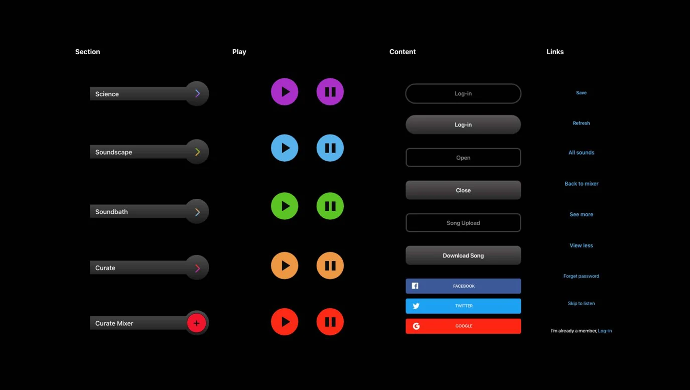 pillo section bars, play and pause buttons, content buttons and text links
