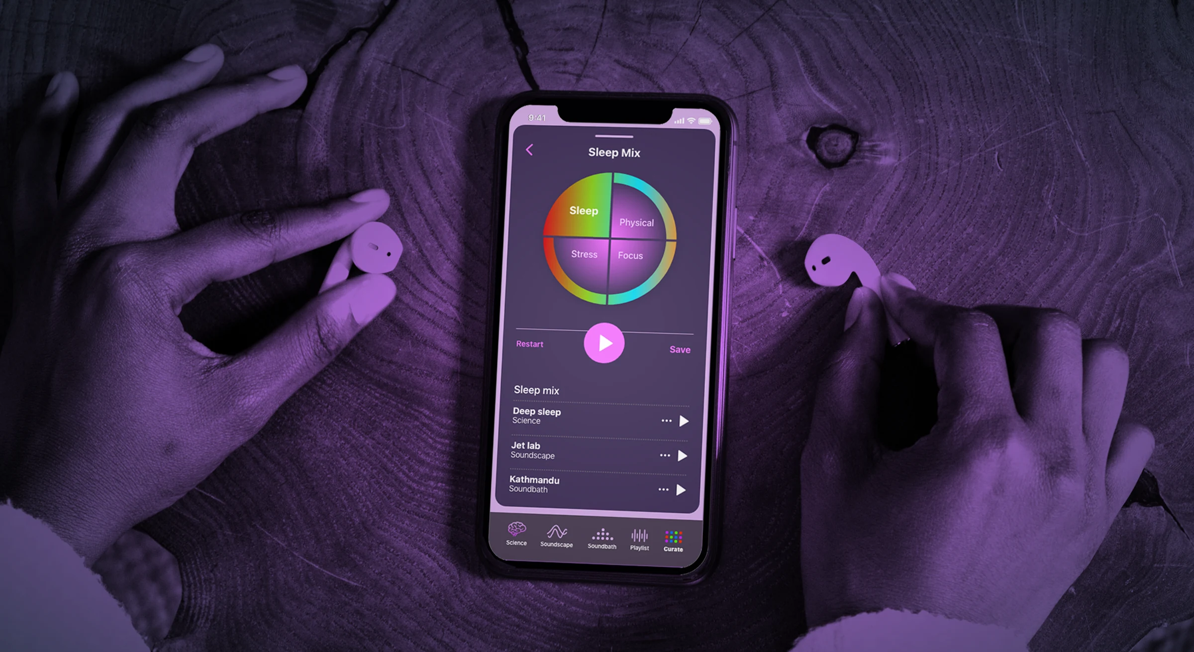 pillo Sleep Mix screen on a phone between two hands holding earbuds