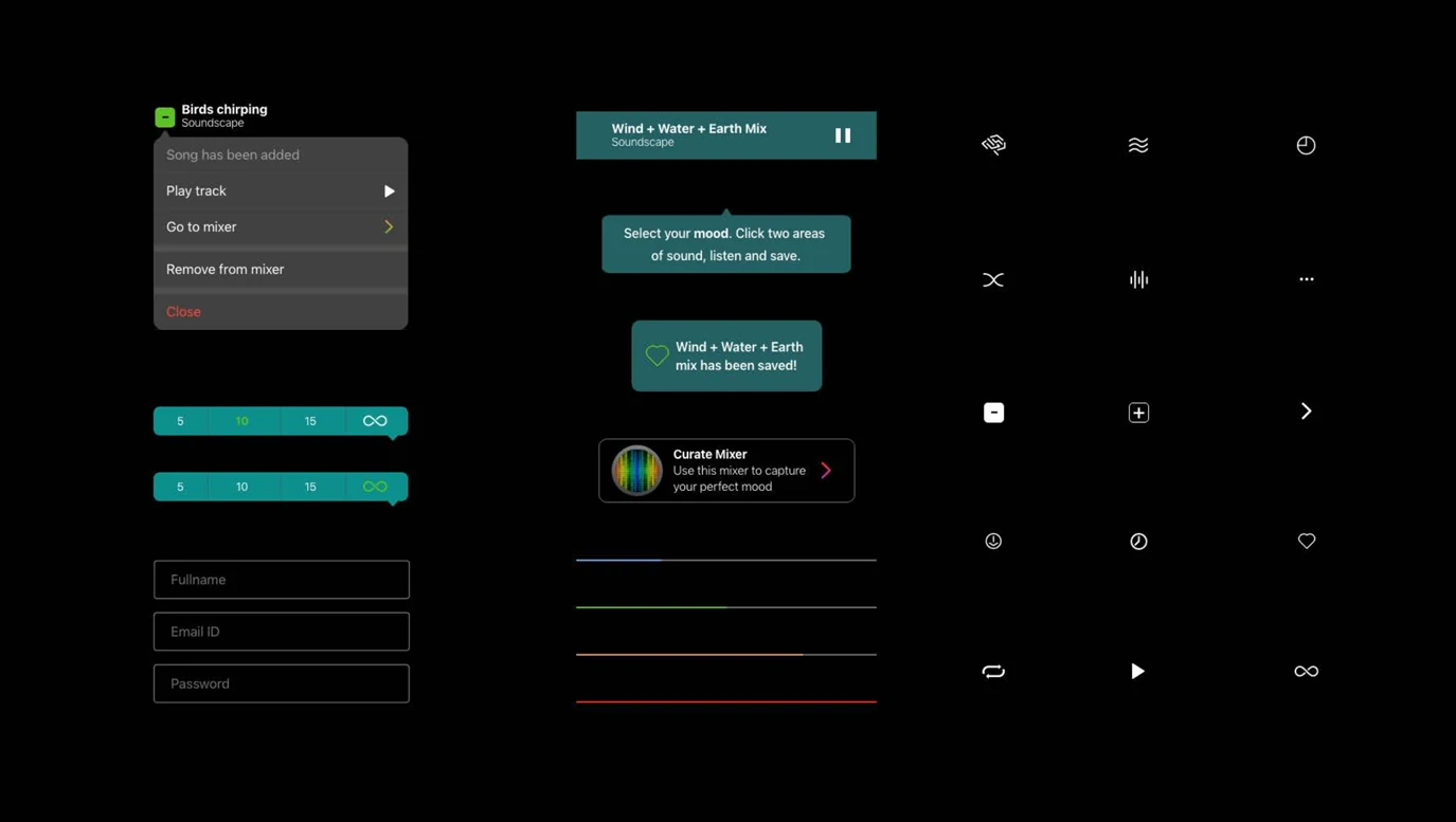 pillo track menu, timer selector, form fields, toasts, progress bars and icon set