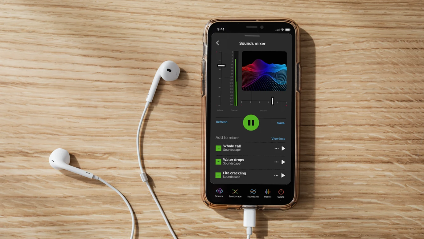 pillo Sounds Mixer screen on a phone with earbuds