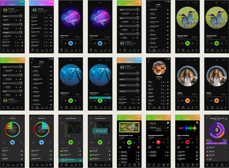 Grid of 24 pillo app screens