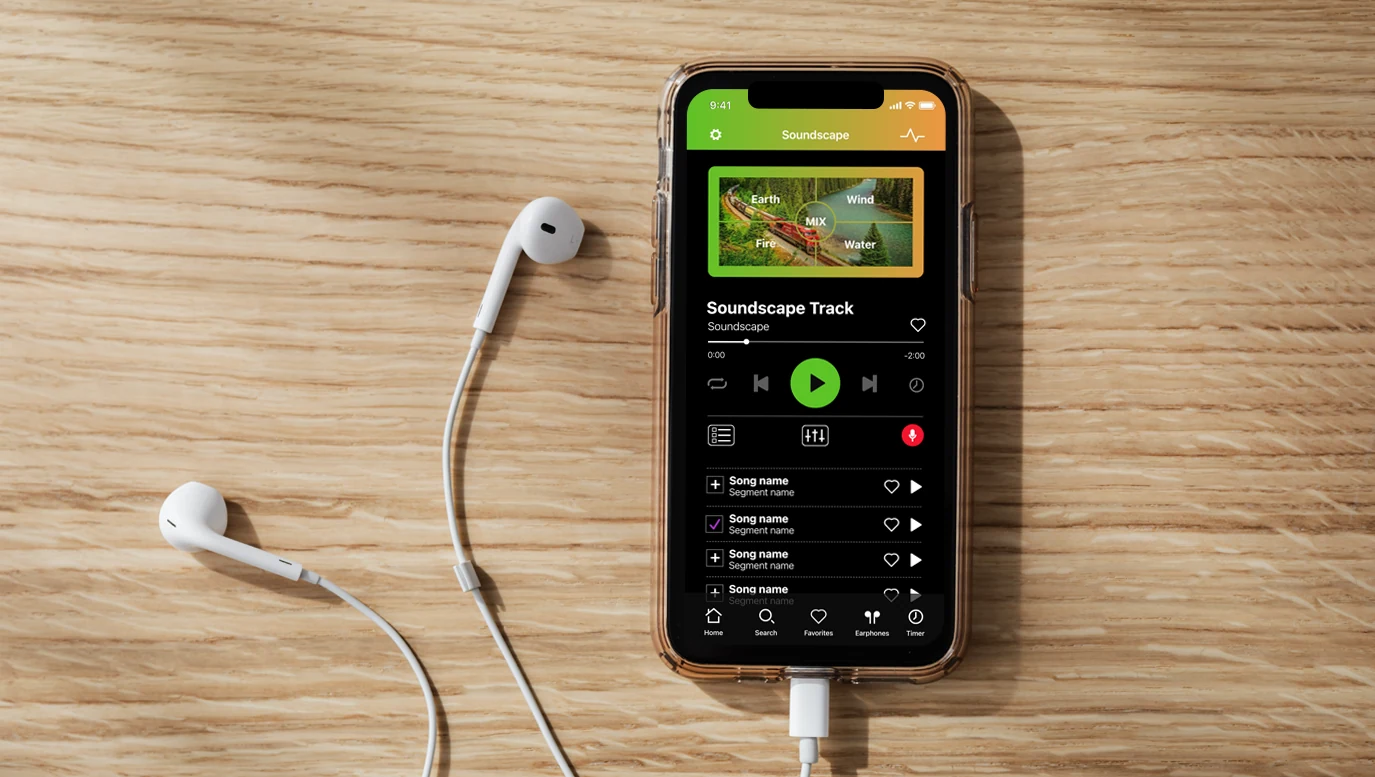 pillo Soundscape Track screen on a phone with earbuds
