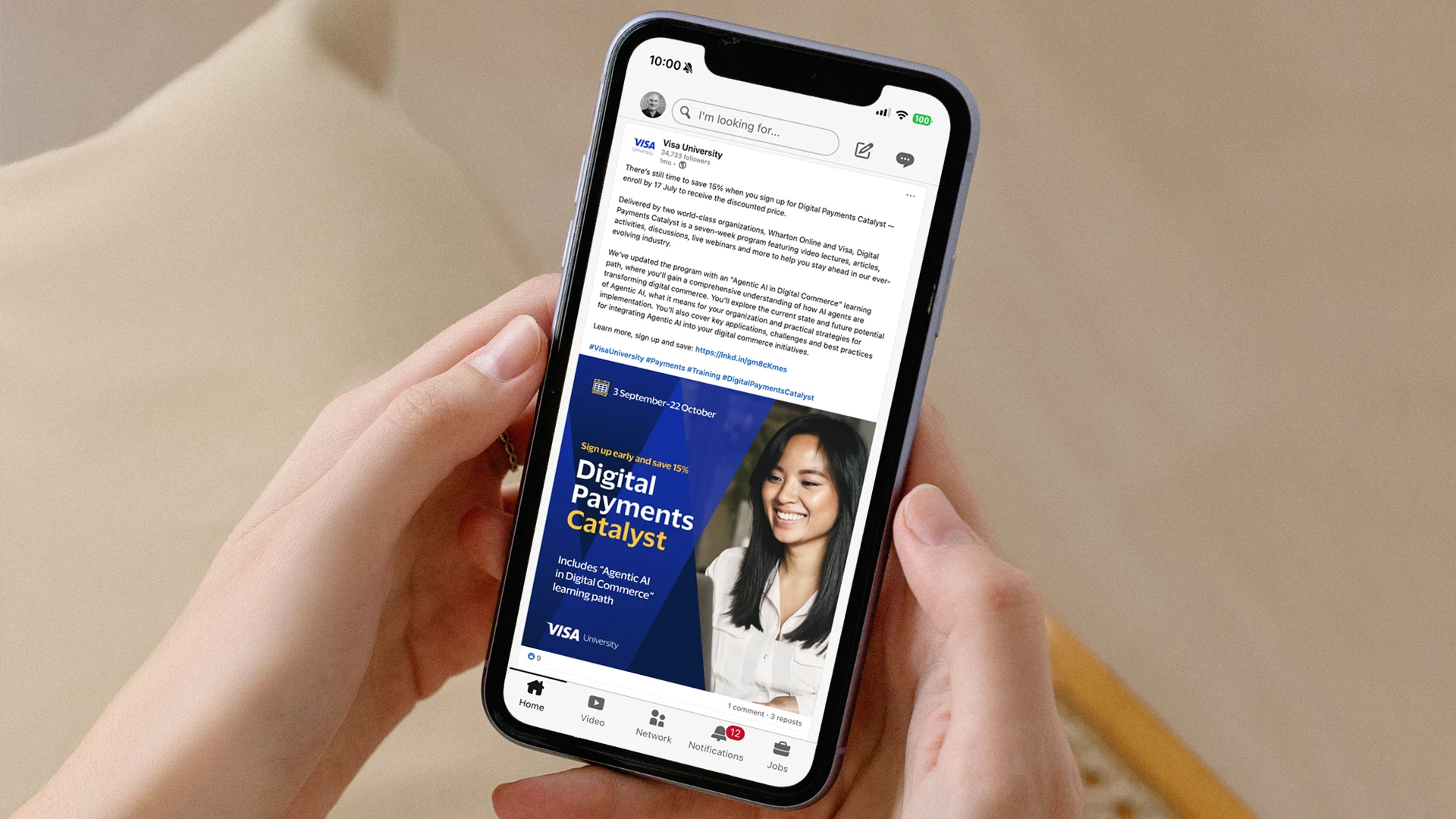 Visa University Digital Payments Catalyst LinkedIn post on a phone